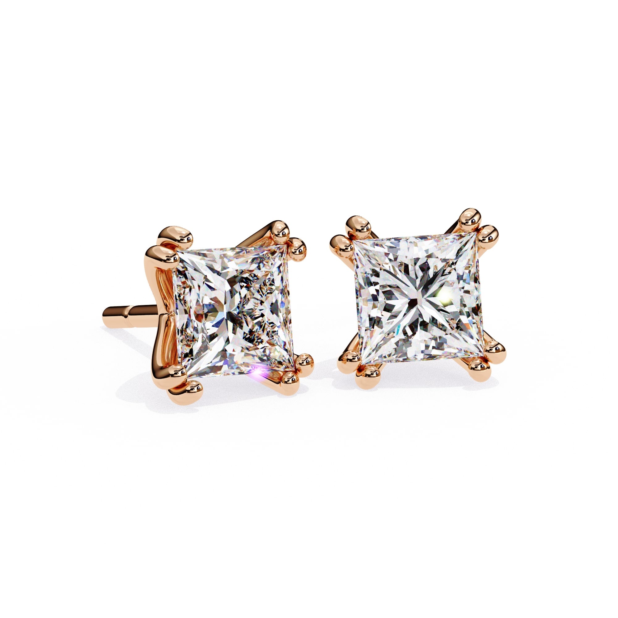 Princess Cut Diamond Stud Earrings 4 Double Claw Prong Setting