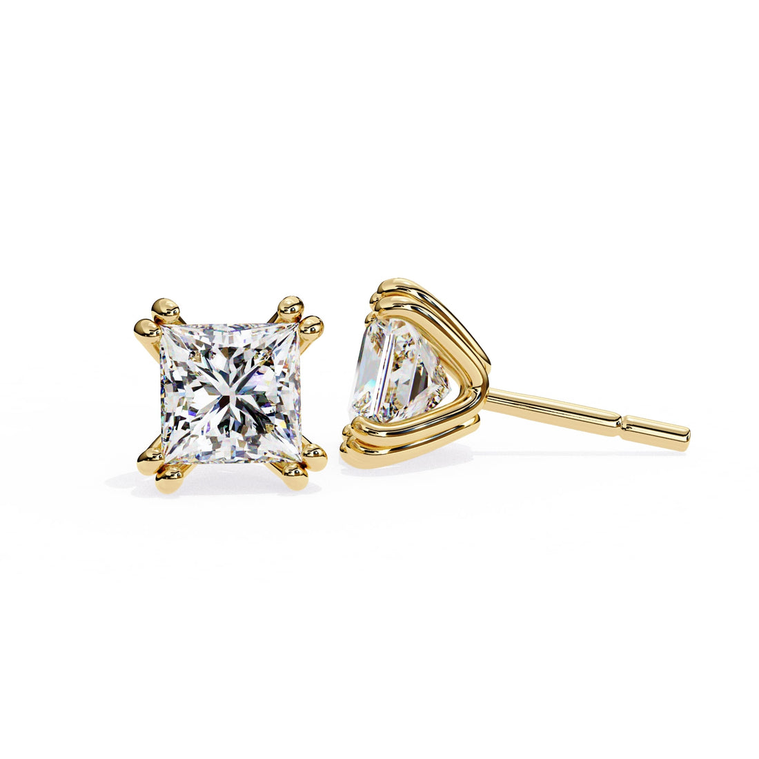 Double Claw Prong Princess Cut Diamond Stud Earrings