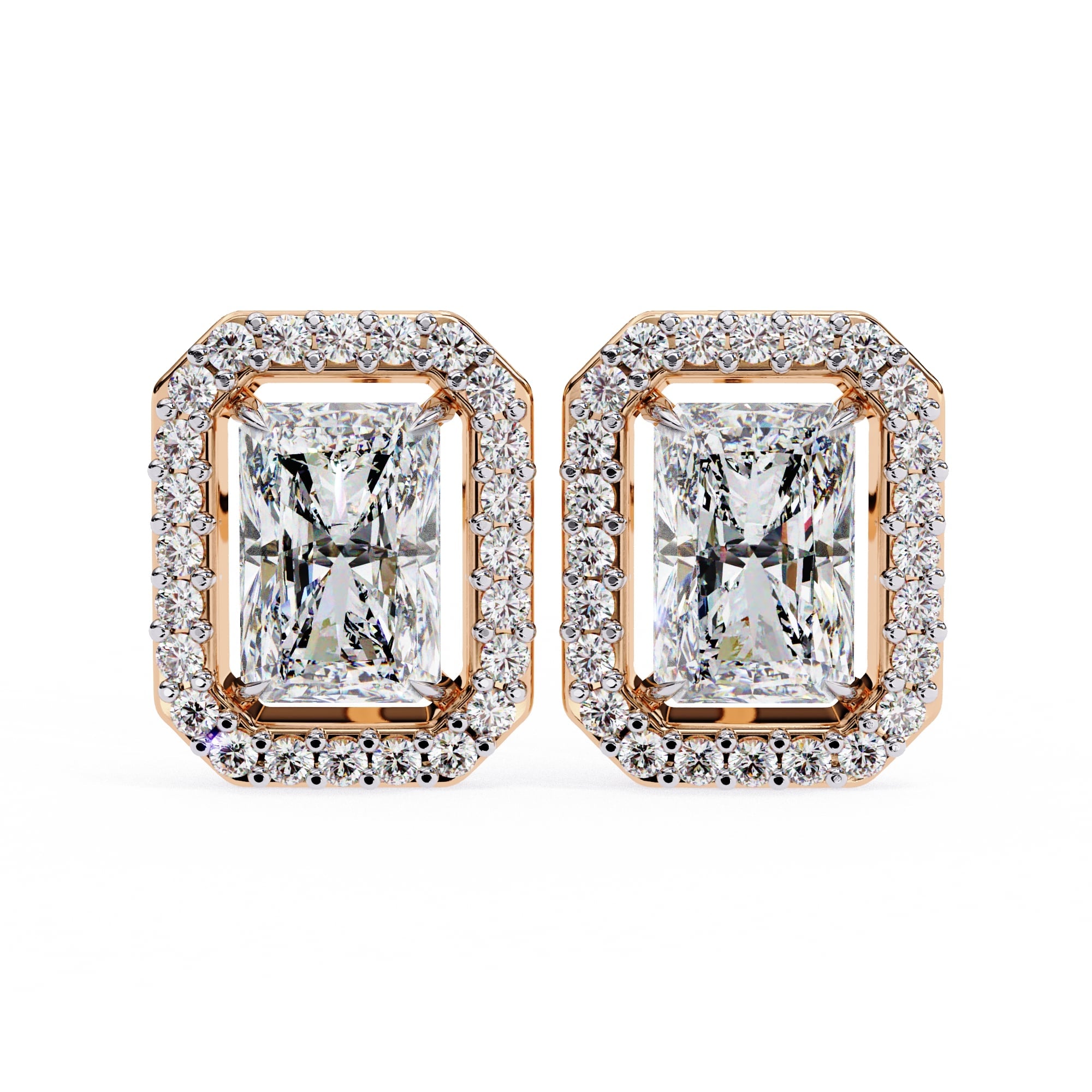 Radiant Diamond Stud Earrings Halo Style