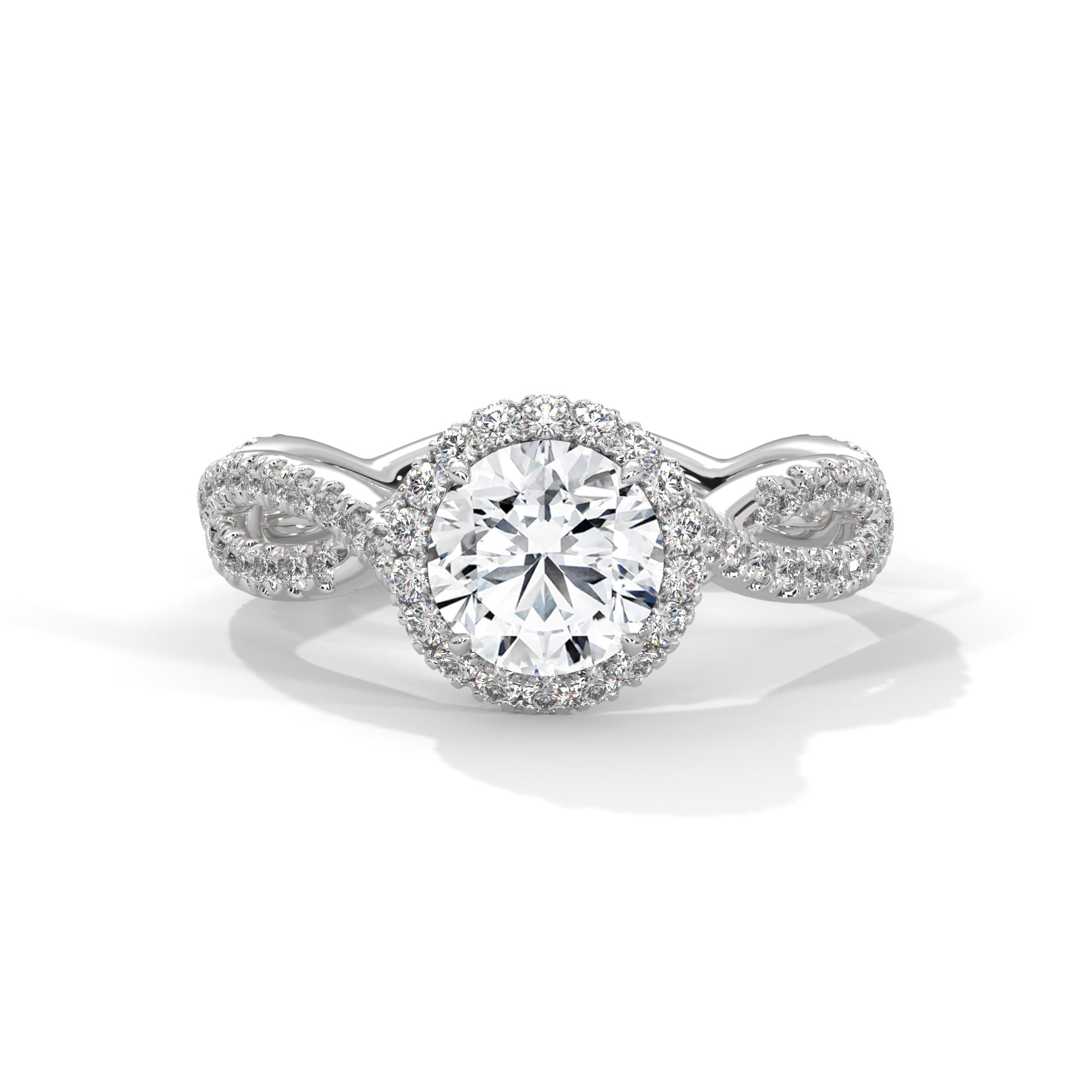 Twisted Shank Round Diamond Halo Engagement Ring