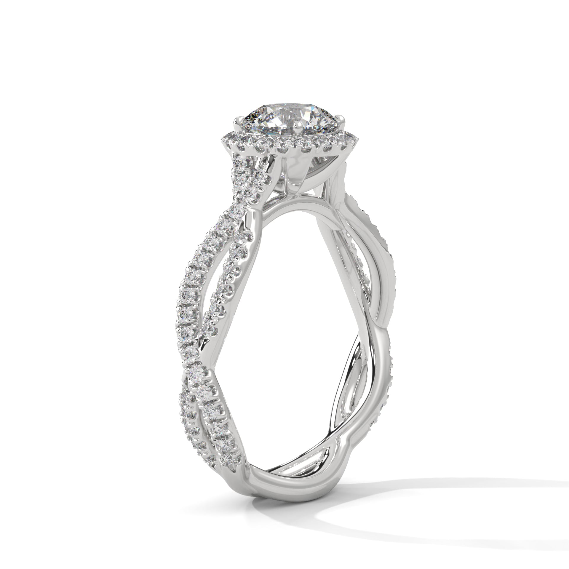 Twisted Shank Round Diamond Halo Engagement Ring