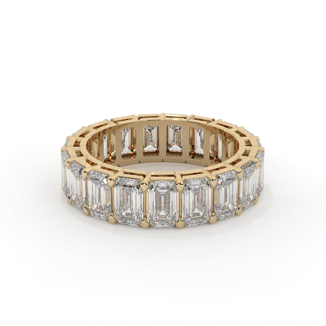Emerald cut diamond eternity ring featuring a prong setting on a plain background.