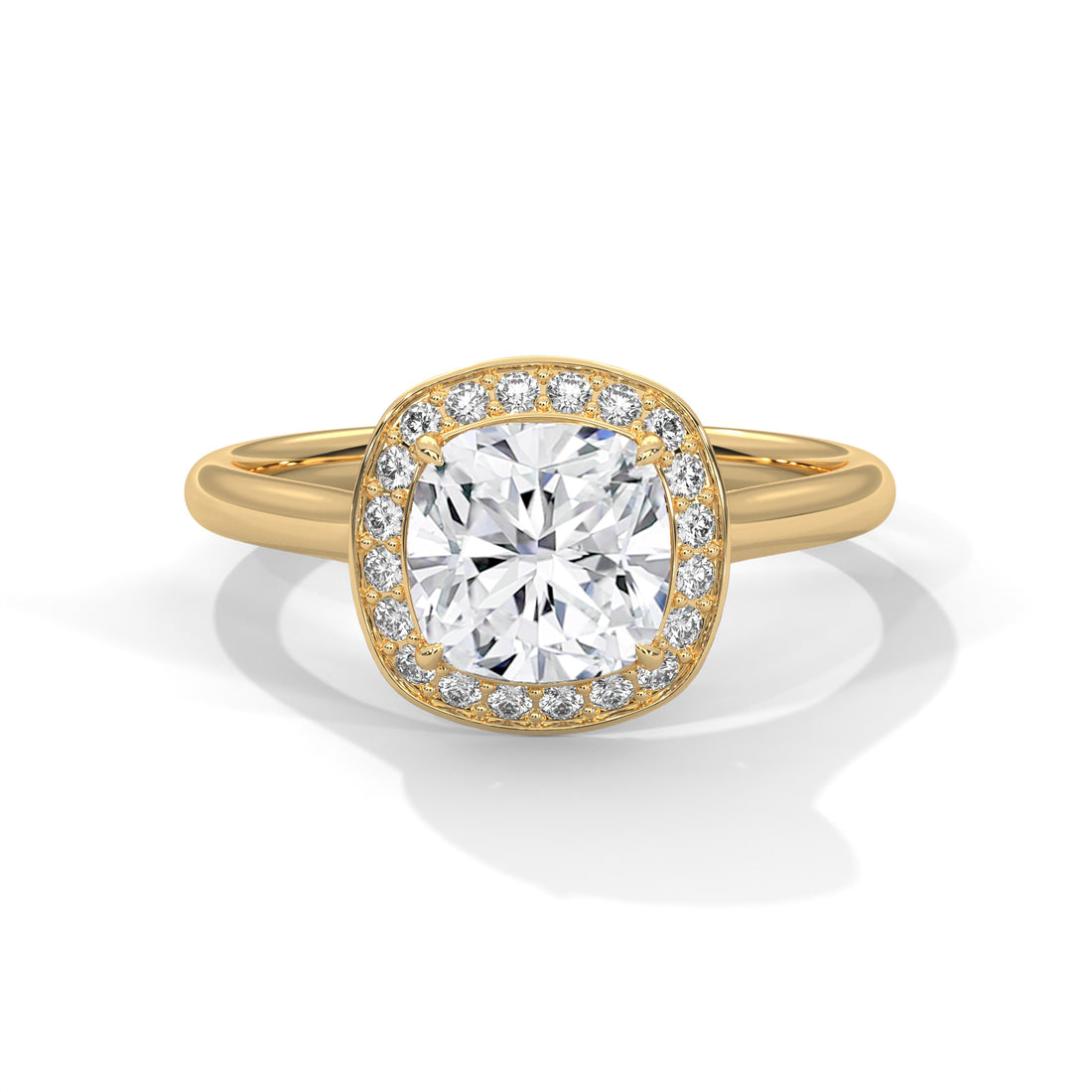 Gold ring with a large diamond and smaller diamonds around on a white background
