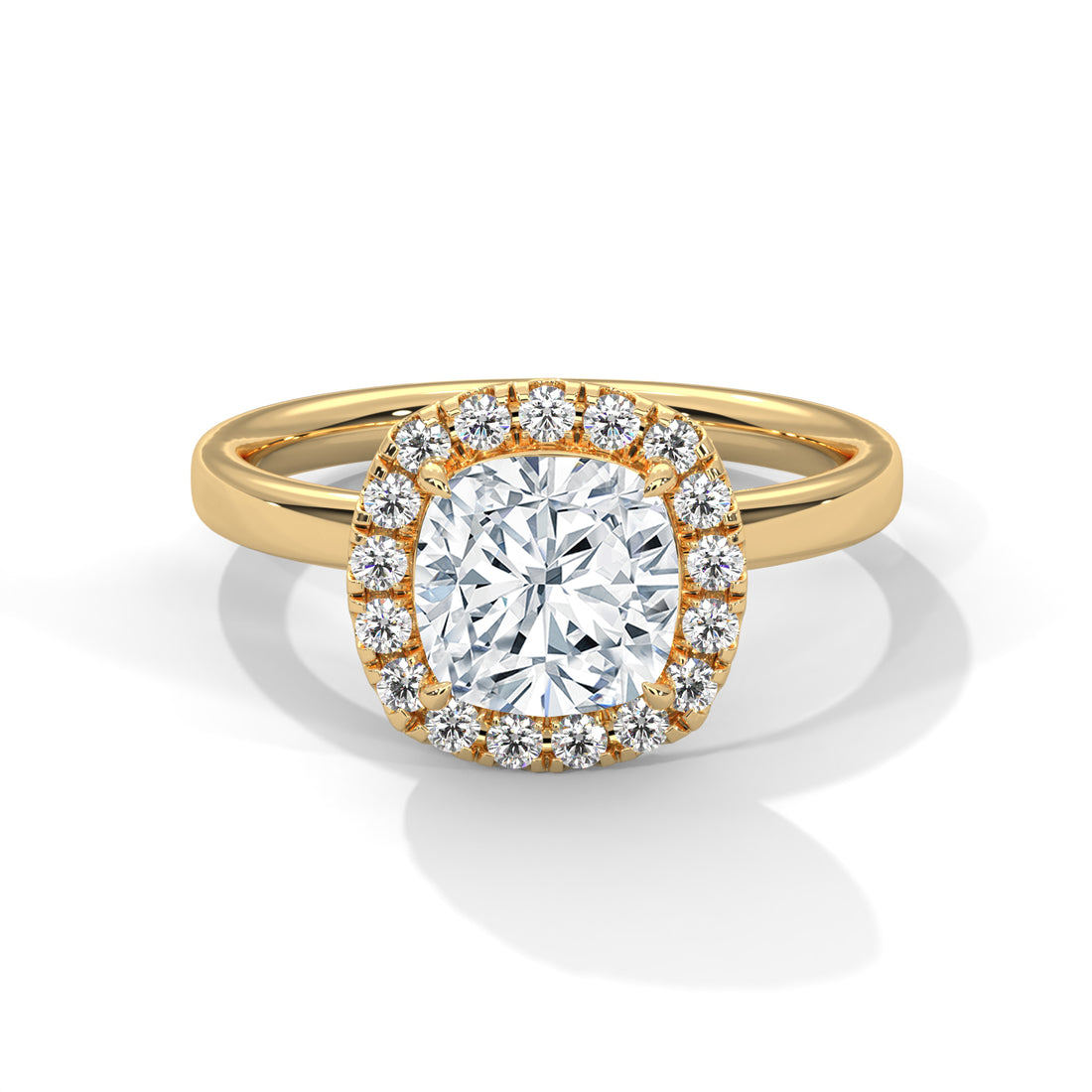 Gold ring with a large diamond and smaller diamonds around on a white background