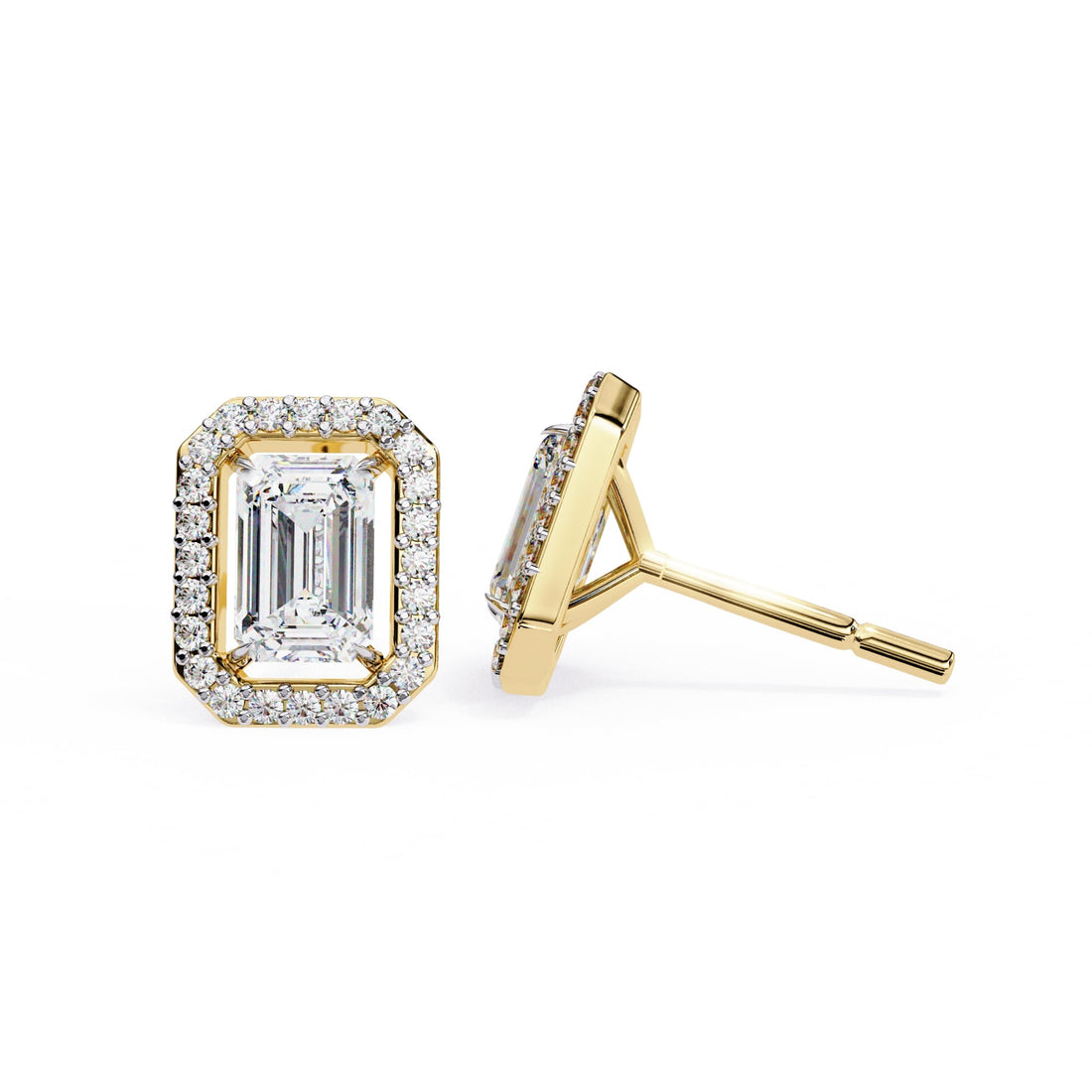 Gold emerald-cut diamond earring on a white background