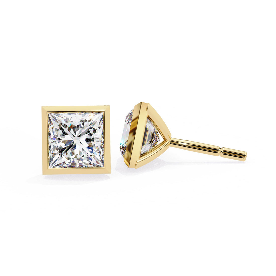 Yellow Gold stud earrings with square and Square cut diamonds