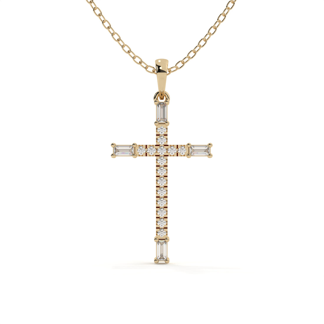 Yellow gold Christ pendant featuring round and baguette cut lab grown diamonds on a matching gold necklace.