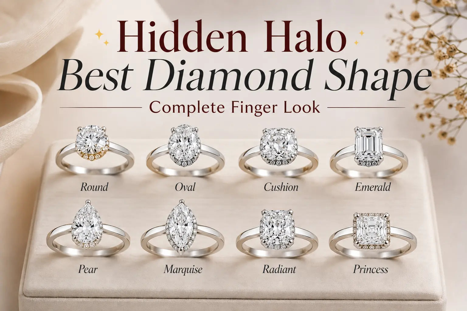 Diamond shapes for hidden halo rings, including round, oval, cushion, emerald, pear, marquise, radiant, and princess cuts, are displayed in a luxury jewelry showcase.