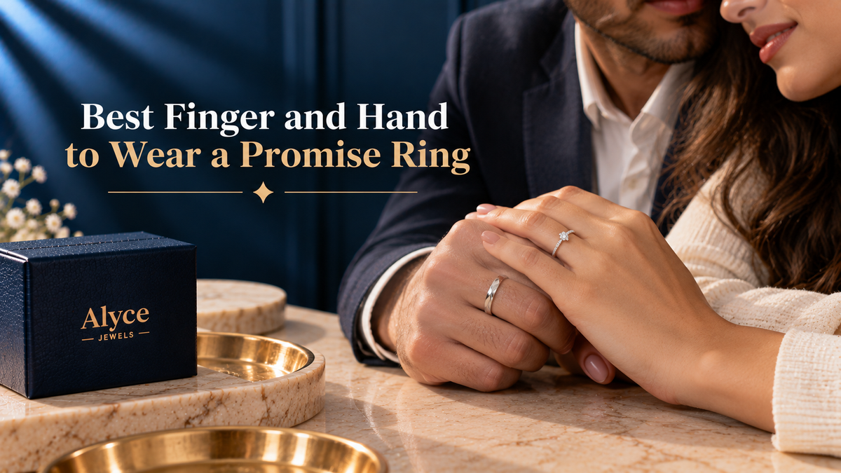 A couple wearing a promise diamond ring on their fingers.