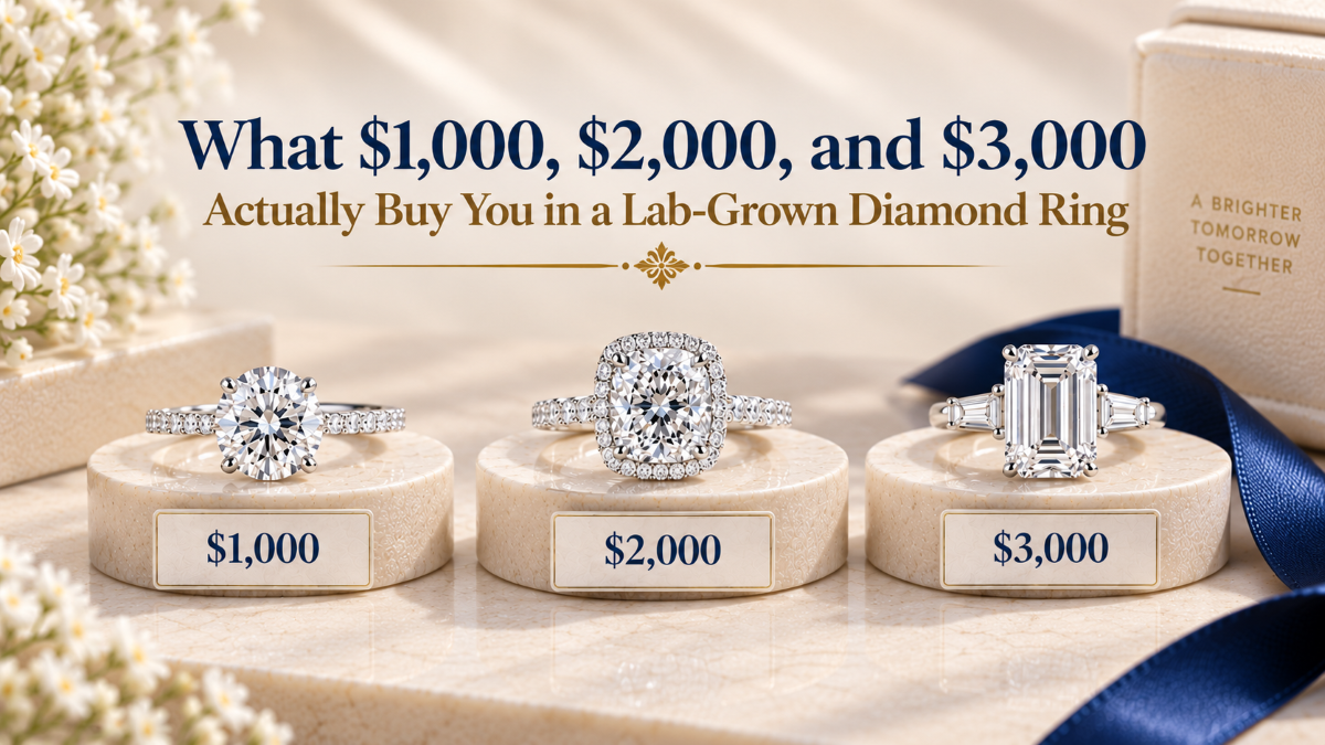 Lab-grown diamond ring budget ranging from $1,000, $2,000, and $3,000 to spend on properly with information.