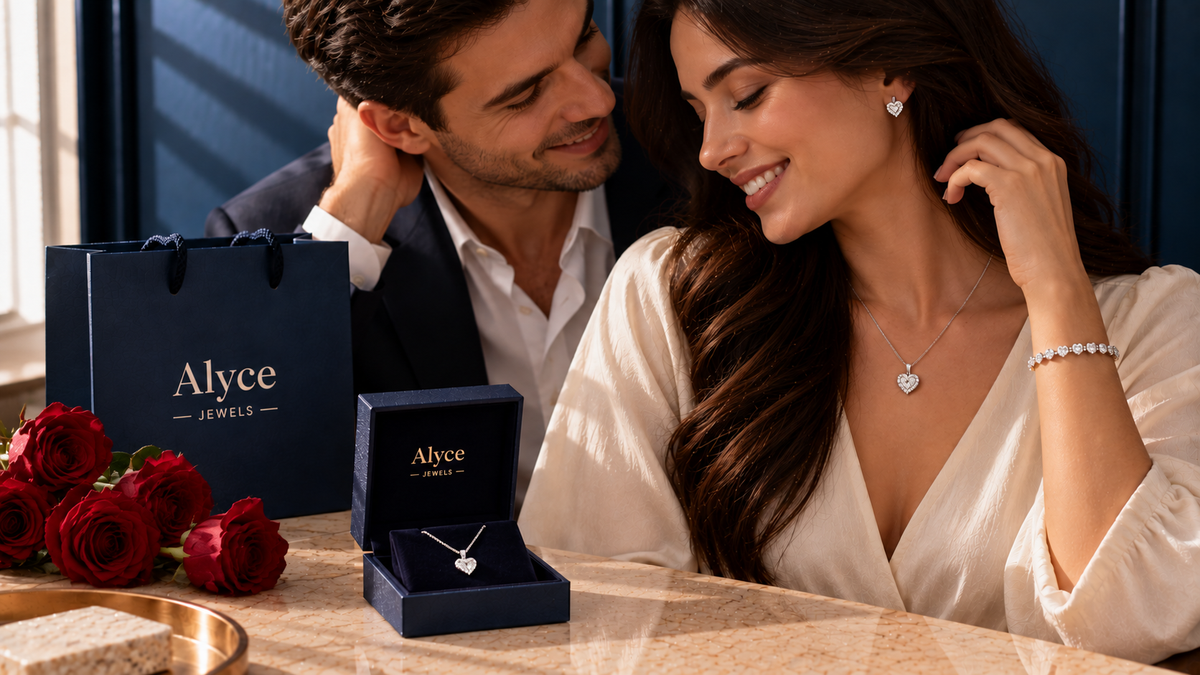 A couple celebrating Valentine's Day by wearing lab-grown diamond jewelry.
