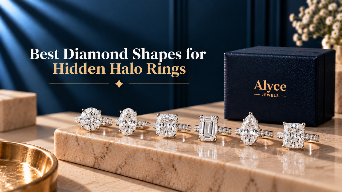 Round-cut princess-shaped diamonds for hidden halo rings.