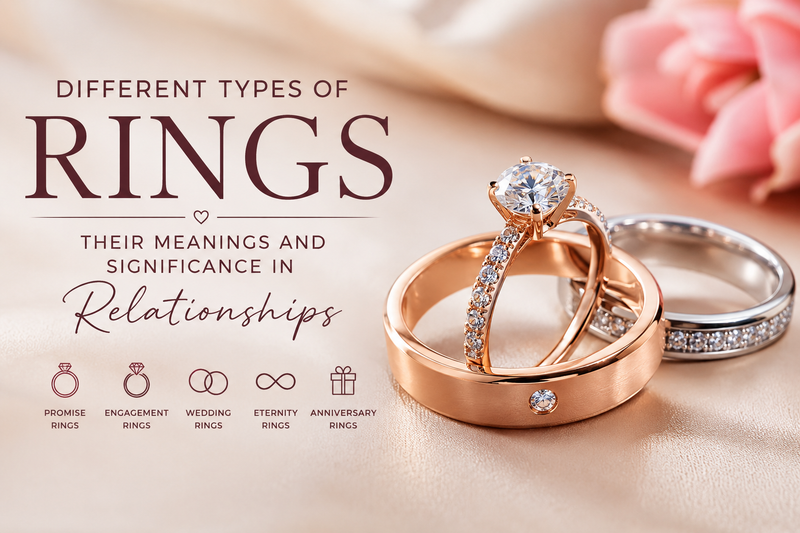 Different types of rings including promise, engagement, wedding, eternity and anniversary rings with relationship meanings.