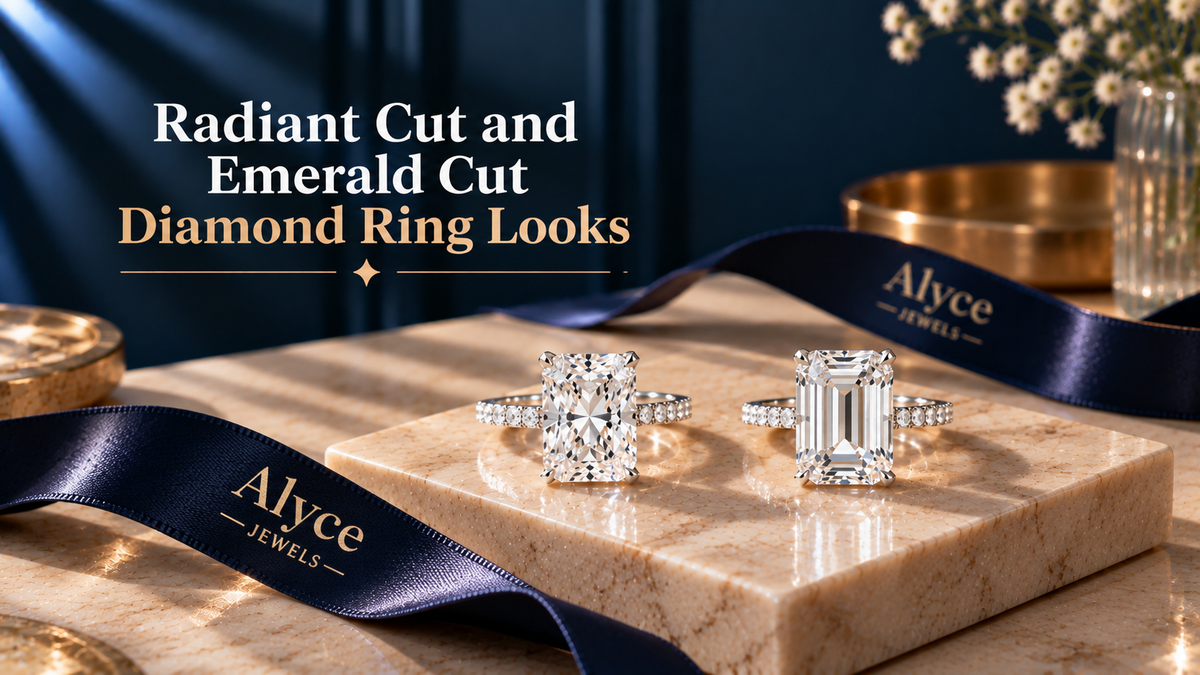 Radiant-cut and emerald-cut diamond rings for women crafted at Alyce Jewels.