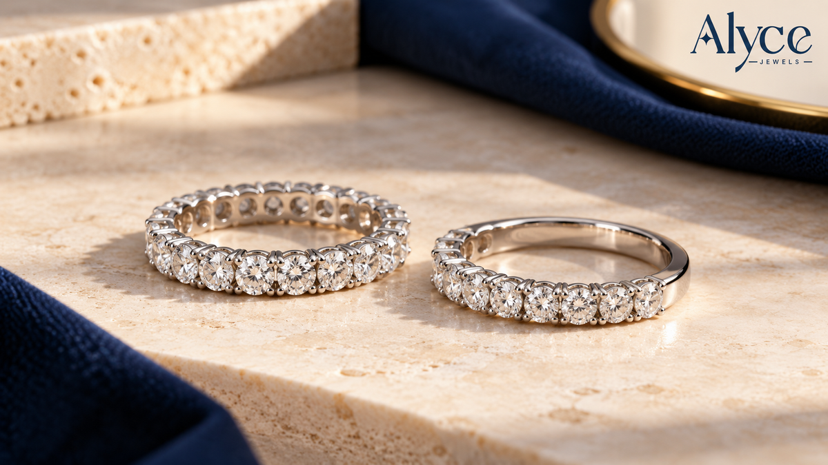 Full vs half eternity diamond bands showing differences in stone coverage.