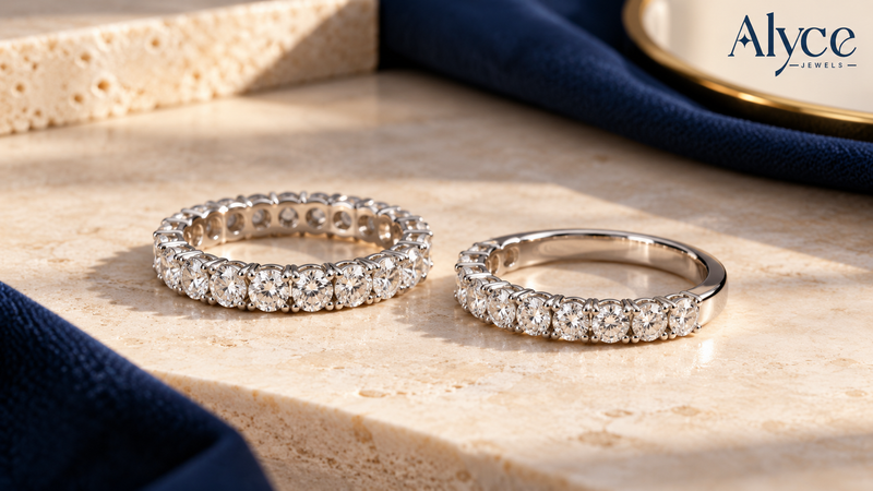 Full vs half eternity diamond bands showing differences in stone coverage.