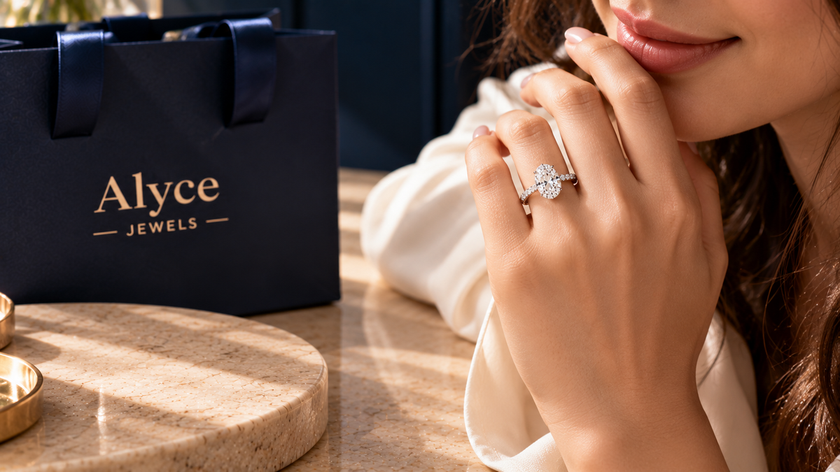 A woman wore a 1-carat oval diamond ring with 14KT white gold.