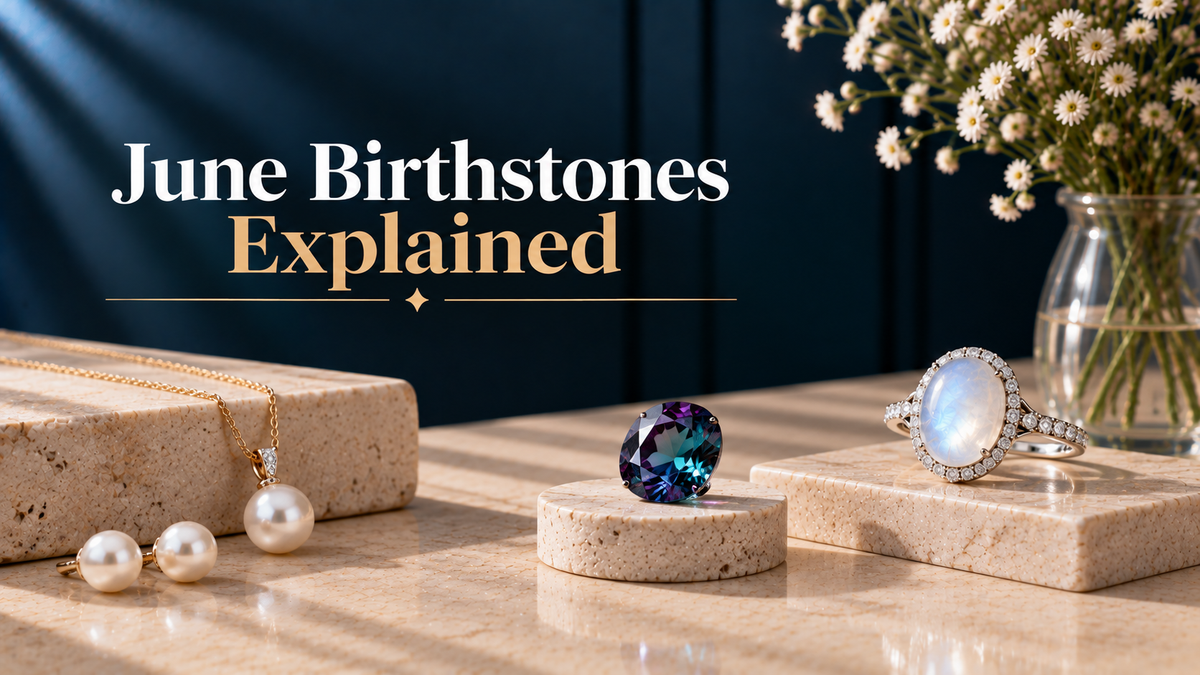June month birthstone representing a pearl stone pendant, alexandrite stone, and moonstone ring.