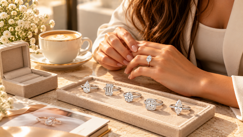 Woman wearing a lab-grown diamond engagement ring beside oval, pear, round, emerald and marquise diamond ring styles.