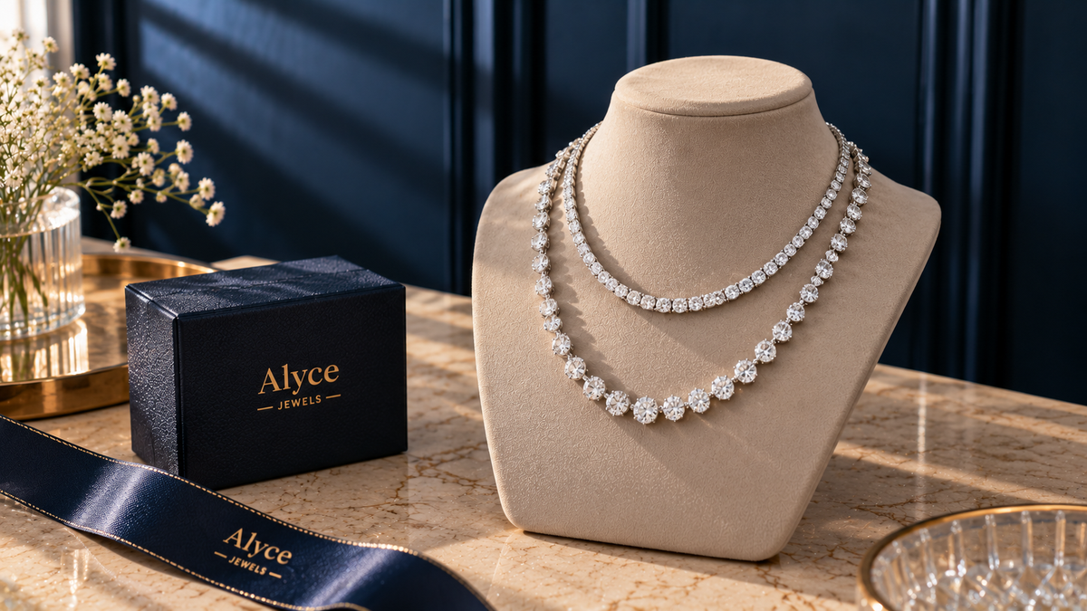 Lab-grown diamond tennis luxury necklace made of gold and certified stones at Alyce Jewels.