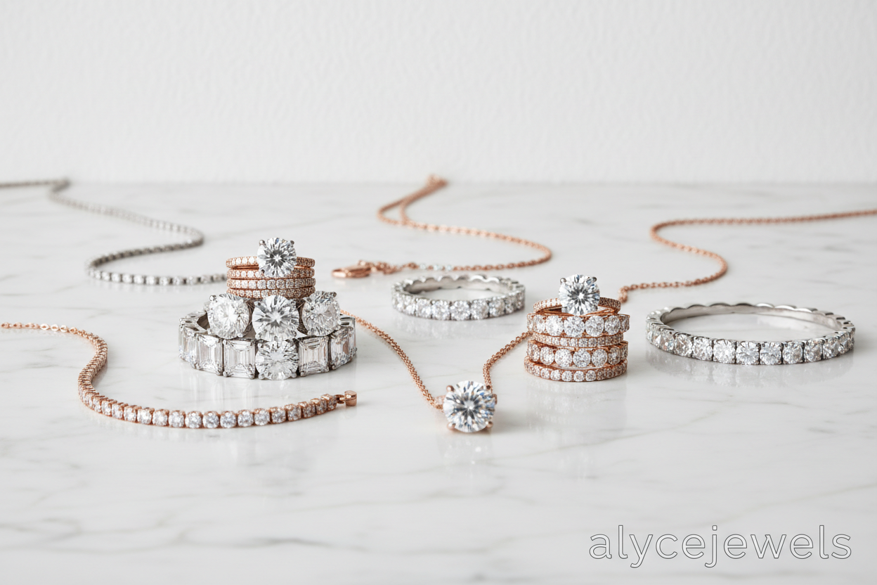 Laboratory-grown diamond jewelry rings, bracelets, pendants, and bands in rose and yellow gold.