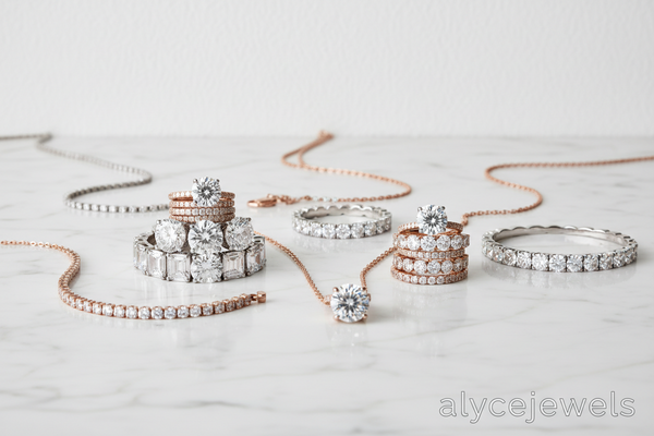 Laboratory-grown diamond jewelry rings, bracelets, pendants, and bands in rose and yellow gold.