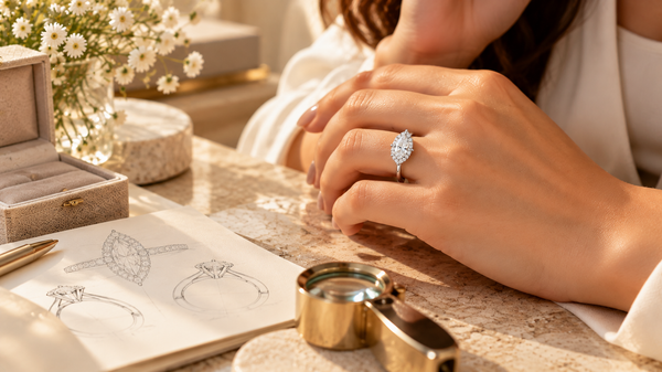 Marquise-cut lab-grown diamond solitaire engagement ring worn on a woman's hand.
