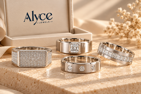 Men's lab-grown diamond rings featuring signet, flush-set, bezel-set and channel-set wedding band designs by Alyce Jewels.