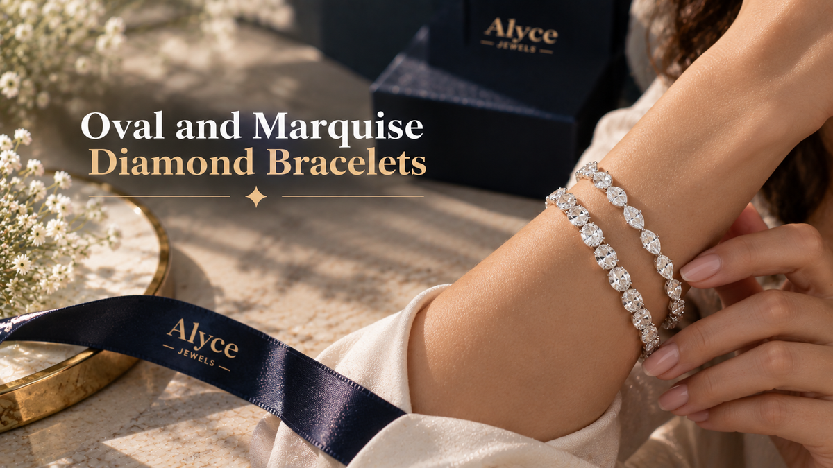 A woman wore an oval- and marquise-cut diamond bracelet in a white-gold metal tone by Alyce Jewels.