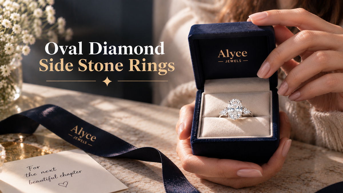 A woman opens an oval lab-grown diamond side stone ring in the Alyce Jewels box.