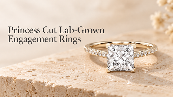 Princess-cut lab-grown diamond engagement ring with V-shaped corner prongs in yellow gold.