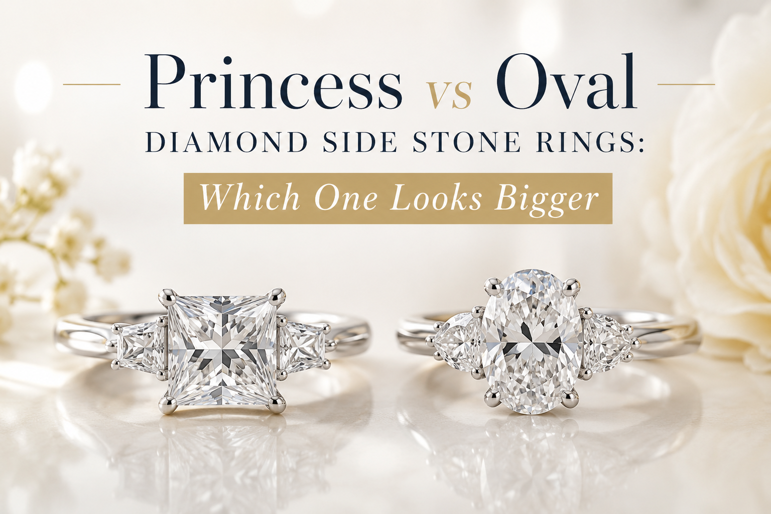 Princess and oval side stone white gold rings for women in a prong setting.
