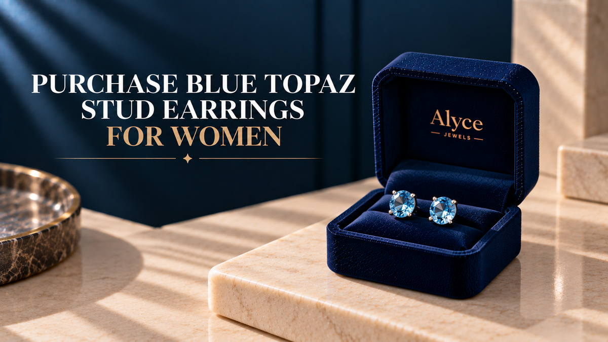Purchase blue topaz stud earrings for women from Alyce Jewels.