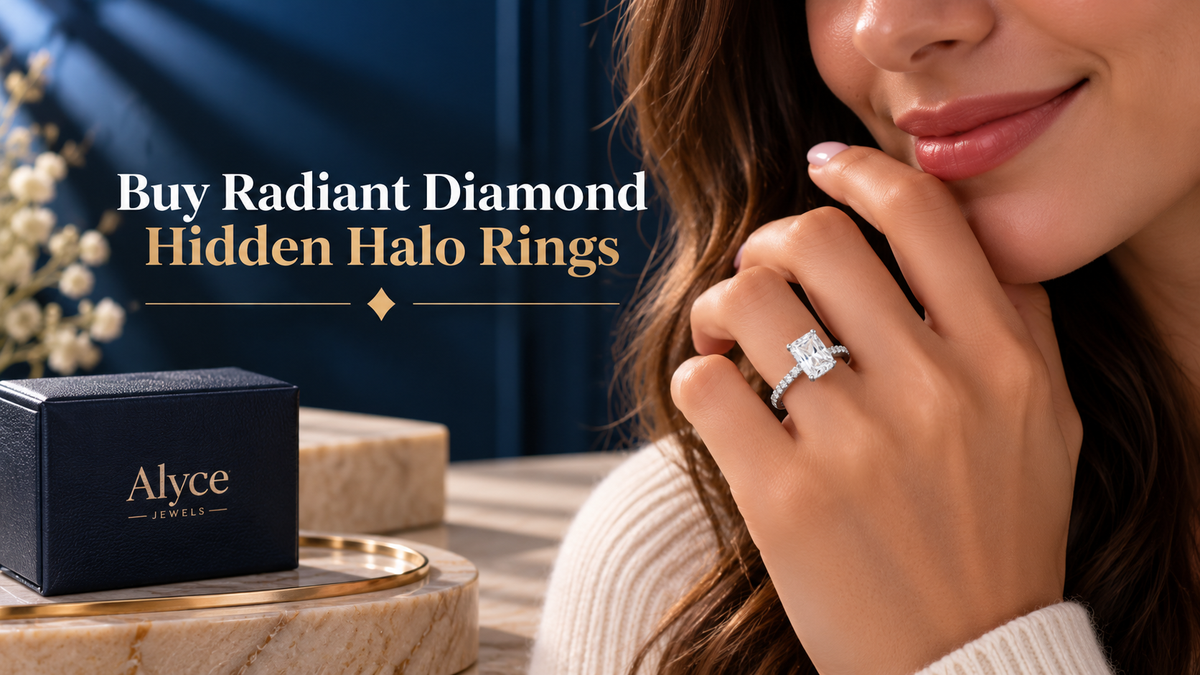 Purchase a radiant diamond hidden halo engagement ring at Alyce Jewels.