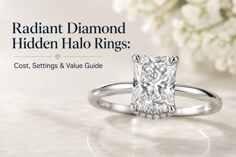 Radiant diamond hidden halo rings with cost, settings and appearance.