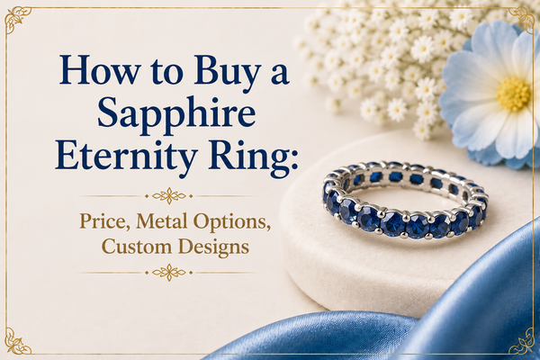 Sapphire eternity ring buying with a price, metal choices, and custom designs explanation.