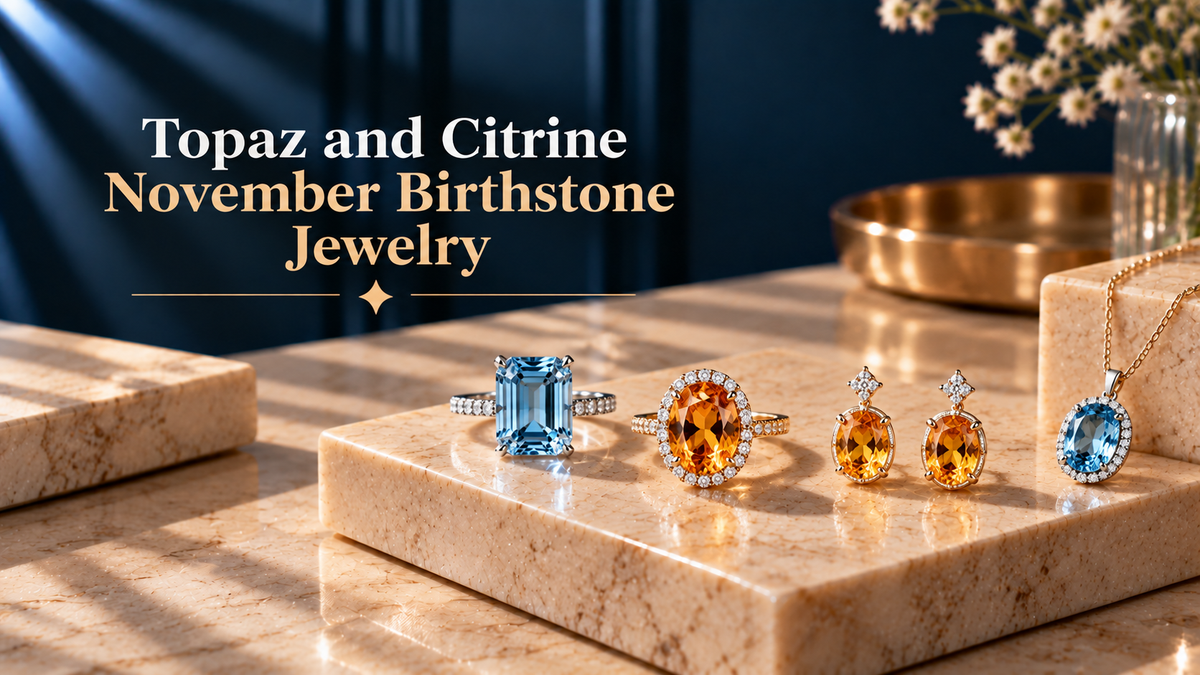 Topaz and Citrine November birthstone jewelry in blue and brown colored rare stone.
