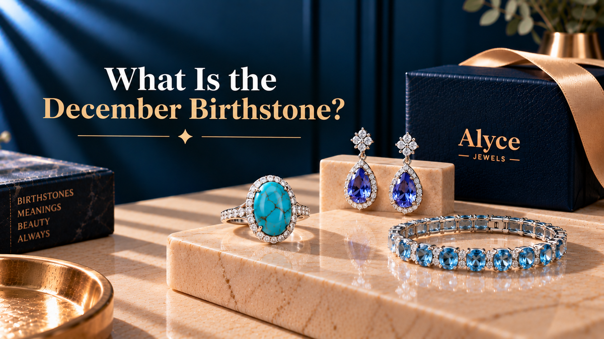 December birthstone jewelry, Turquoise ring, Tanzanite earrings, and Zircon bangle for women.