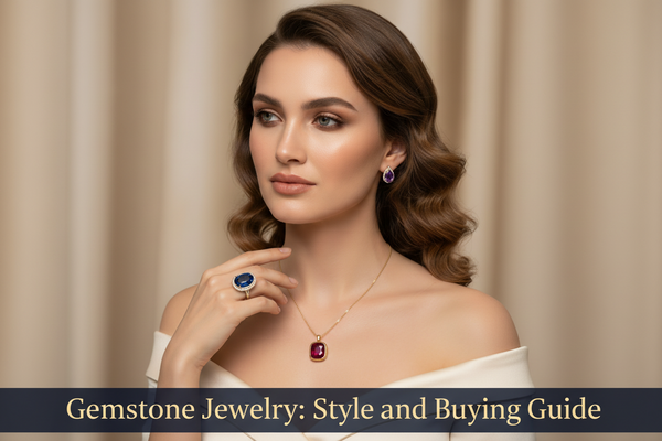 A woman wearing a blue gemstone ring on her hand with a red stone pendant and earrings.