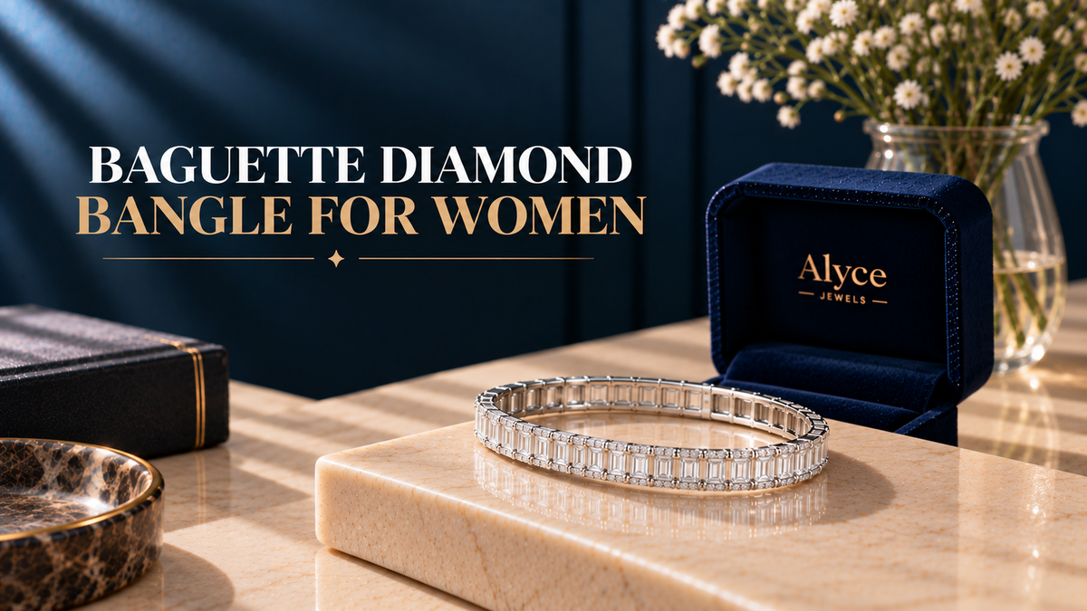 Baguette-cut diamond bangle for women made with excellent quality at Alyce Jewels.