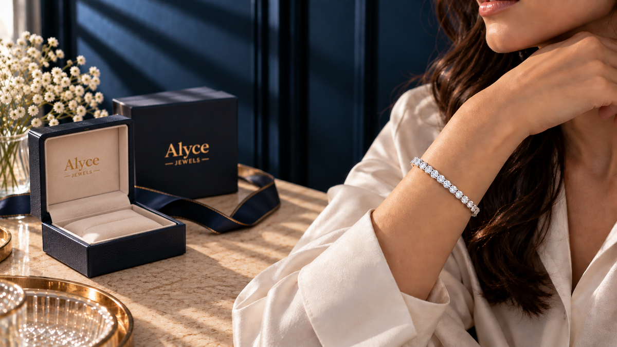 A woman wearing a round lab-grown diamond bracelet from Alyce Jewels.