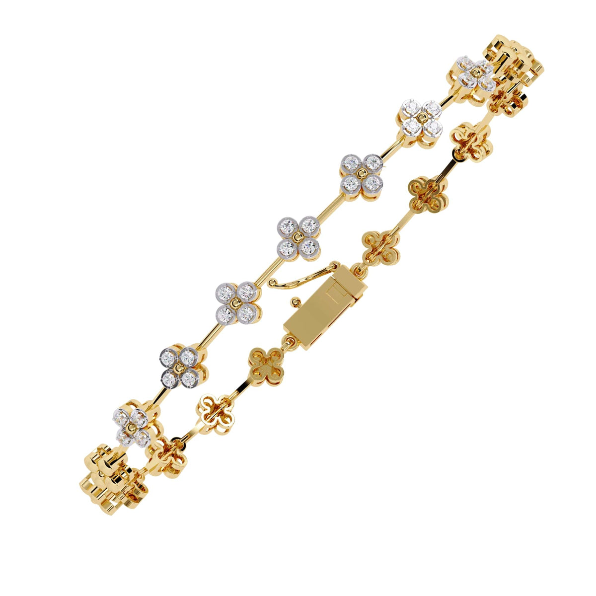 Gold bracelet with floral designs and clear stones on a white background