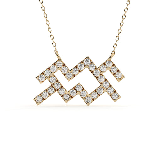 0.88 carat round cut lab grown diamond Aquarius zodiac pendant in yellow gold with a fine matching chain.