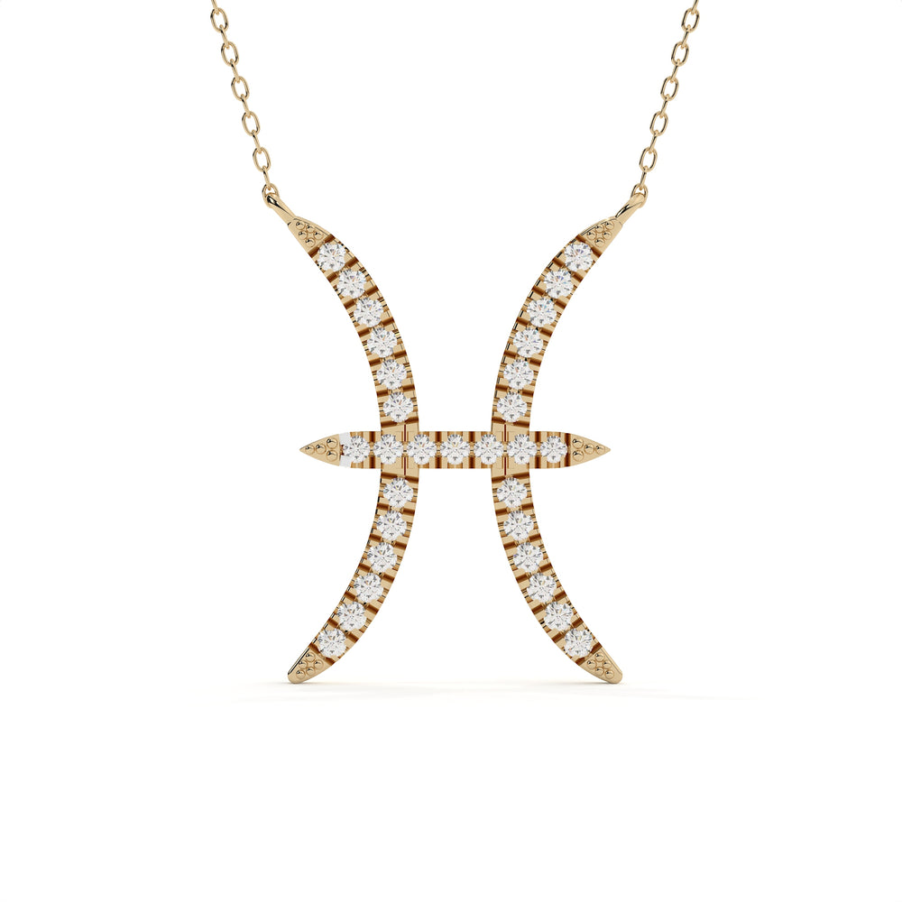 0.91 carat Pisces zodiac round lab diamond pendant in yellow gold with a matching gold chain.