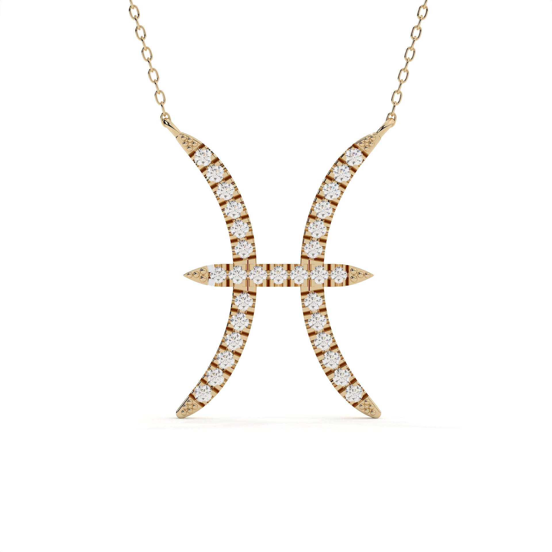 0.91 carat Pisces zodiac round lab diamond pendant in yellow gold with a matching gold chain.