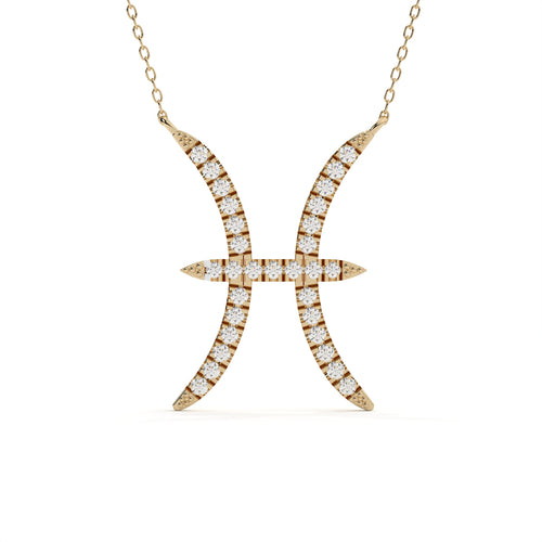 0.91 carat Pisces zodiac round lab diamond pendant in yellow gold with a matching gold chain.