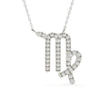 Diamond-encrusted Virgo zodiac symbol necklace on a white background