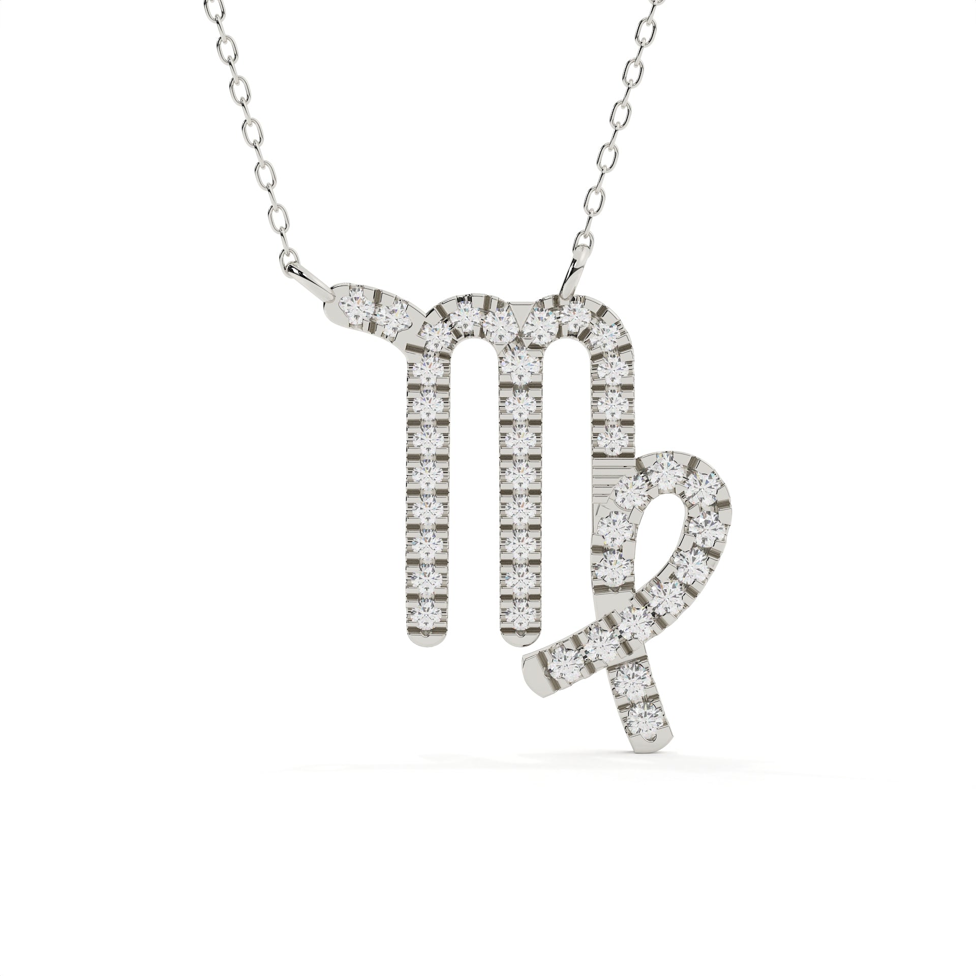 Diamond-encrusted Virgo zodiac symbol necklace on a white background