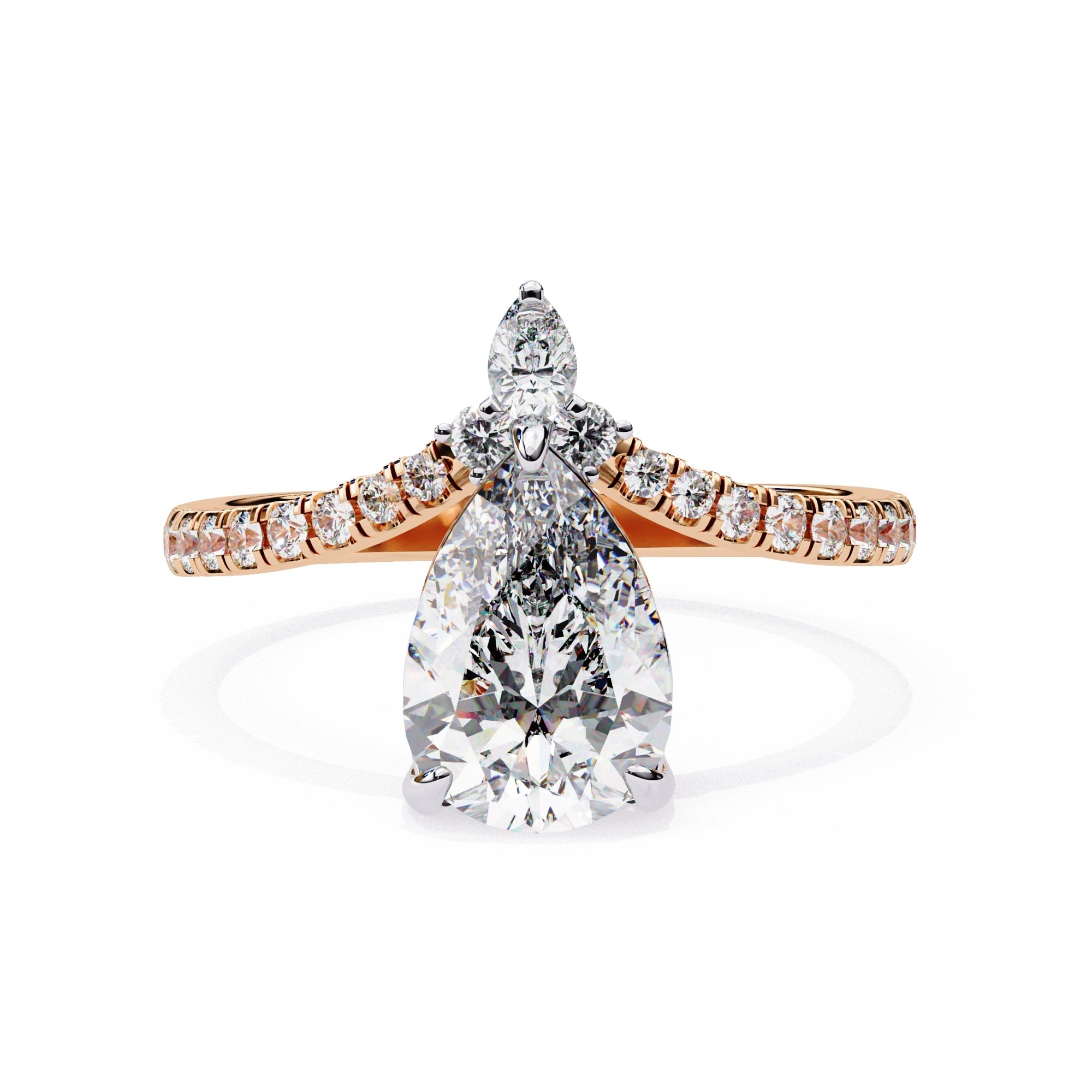 Rose gold and silver pear-shaped diamond ring on a white background