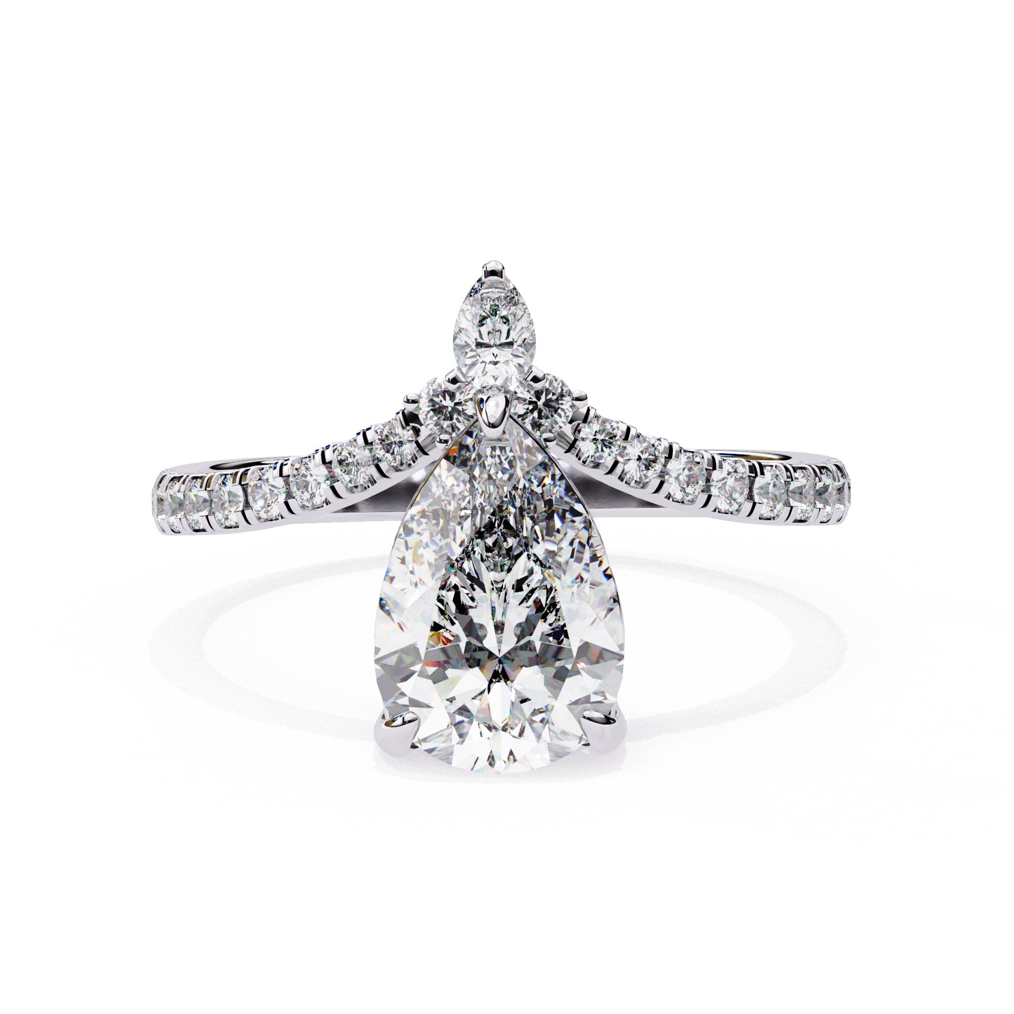Diamond ring with pear-shaped center stone on a white background